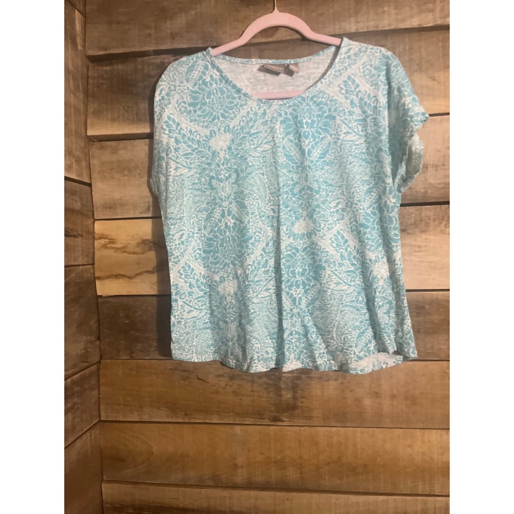 Chicos Tunic Top Teal White Floral Print Short Sleeve Relaxed Fit‎ Size 1